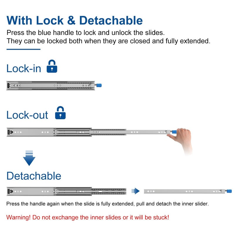 VADANIA 20" Heavy Duty Drawer Slide with Lock #VD2053, 2" Width Up to 250lb Load Capacity, 3-Fold Full Extension, Ball Bearing Lock-in & Lock-Out, Side Mount, 1-Pair - Image 5
